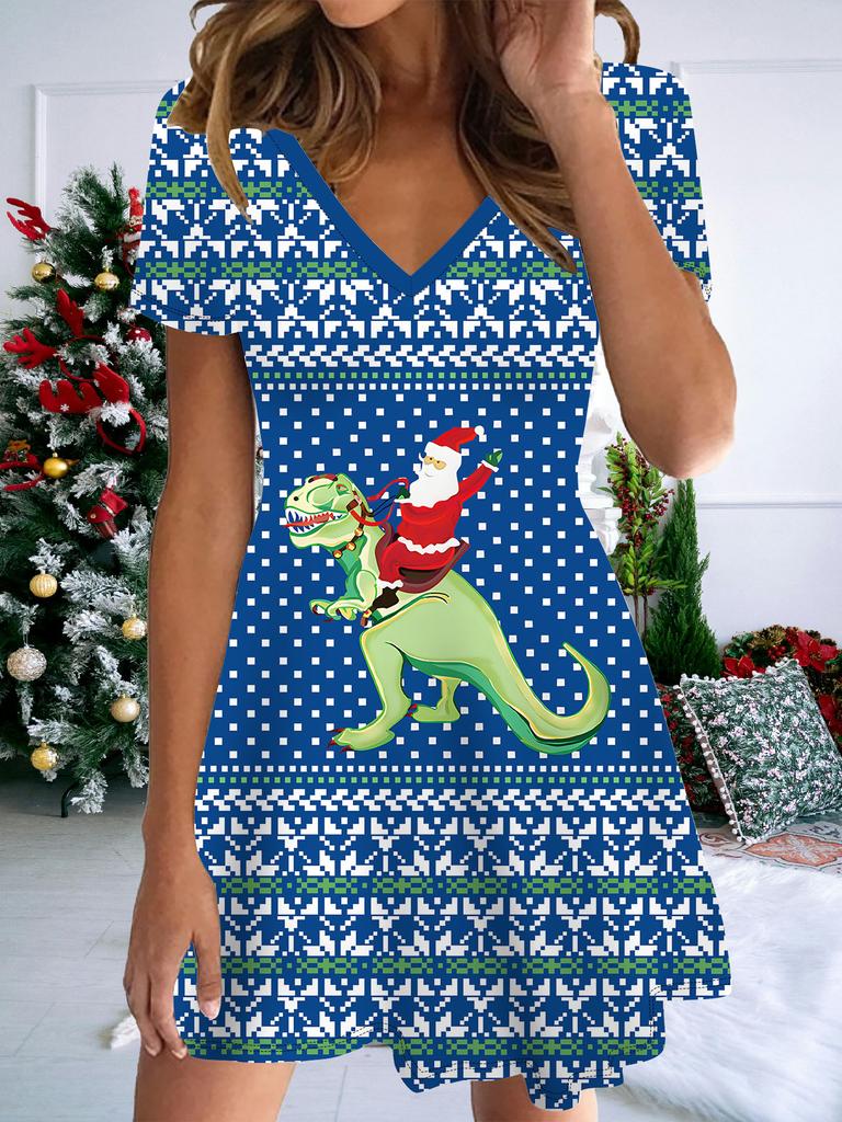 Rochie de damă la modă cu gât în V, mânecă scurtă, imprimată cu om de zăpadă de Crăciun, rochii sexy cu fustă scurtă