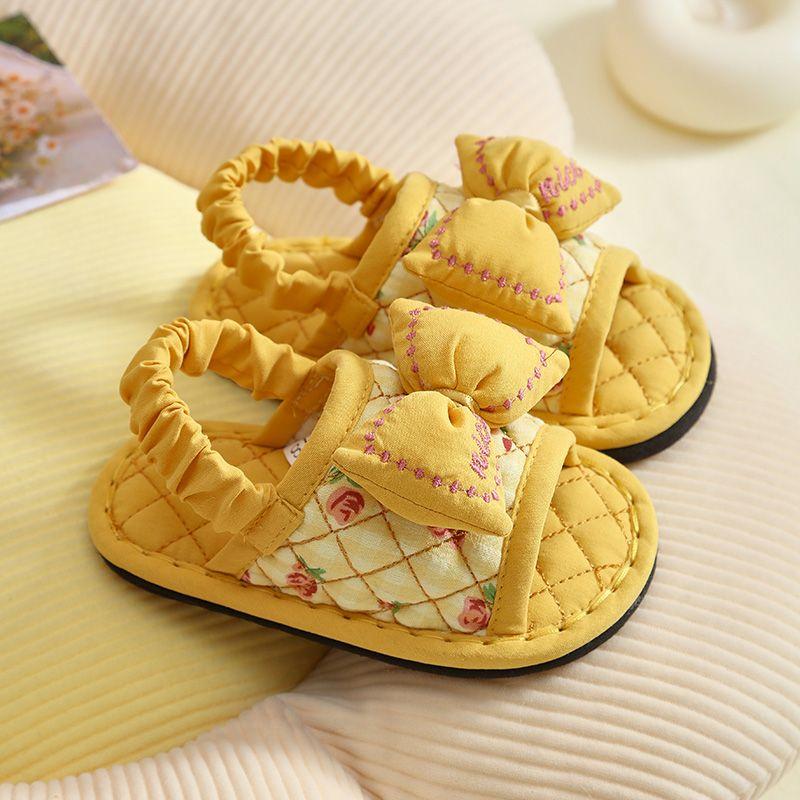 

New Arrival Cute Pure Cotton Fabric Bows Handmade Toddler Shoes 1-3 Years Old Kids Indoor Non-Slip Silent Floor Slippers Yellow Inside length 15cm