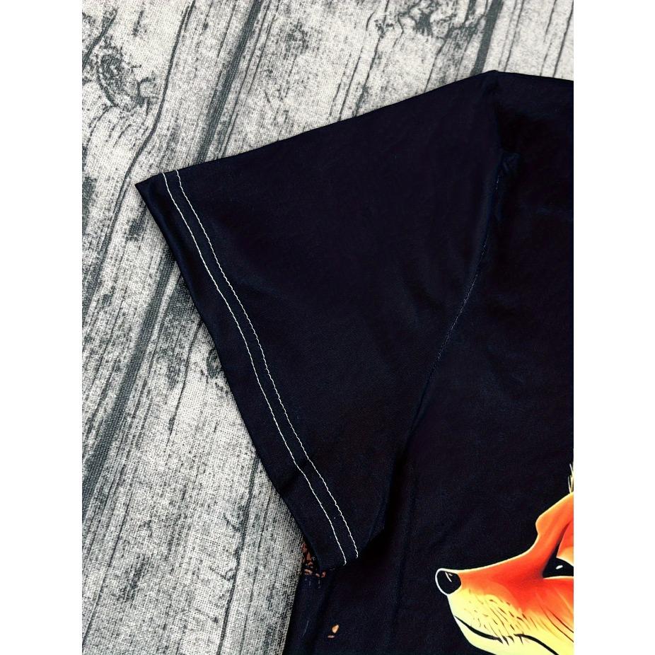 Trendy Liščí Tričko Prodyšné Nadměrné Dámské Tričko s V-výstřihem s Liščím a Květinovým Potiskem Každodenní Pohodlí, Umělecký Design