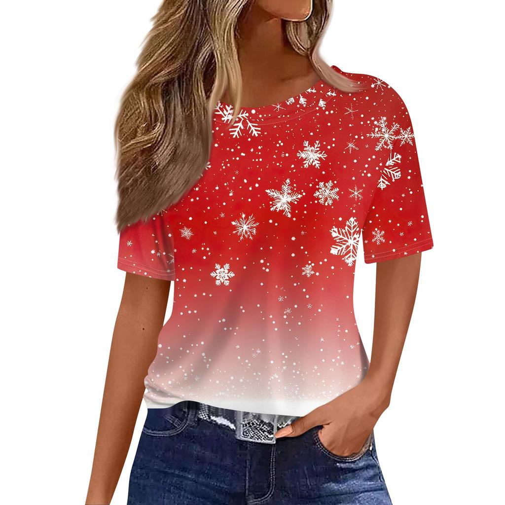 Women's Fashionable Casual Short Sleeve Christmas Print Round Neck Pullover Top