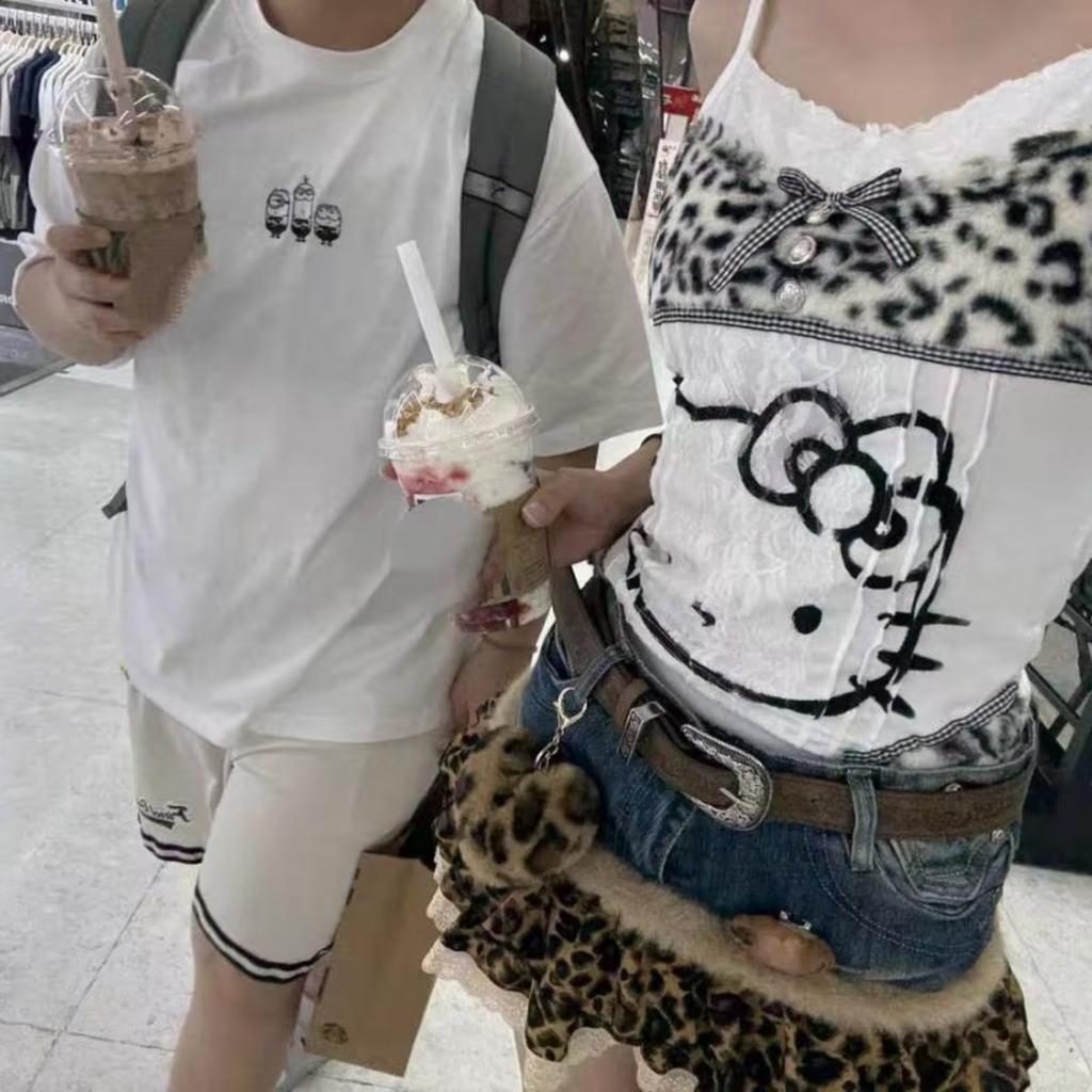 Women's Vintage Y2K Halter Tank Tops Sexy Streetwear Subculture Leopard Patchwork Kawaii Vest Women's Lace