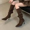 Over-the-knee Boots for Women Wear Big Tube Circumference 2025 Autumn and Winter New Suede Pointed Thin Heel High Heel Pleated Piled Boots