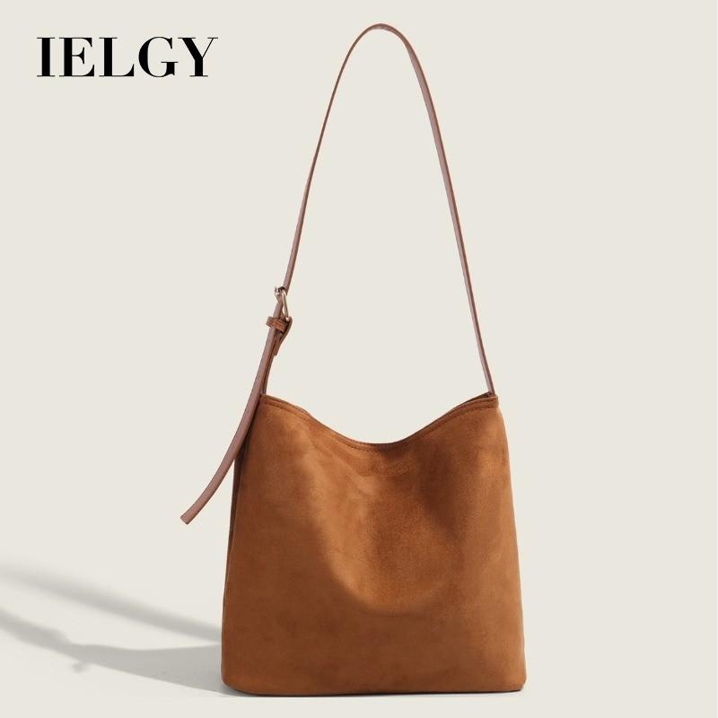 Ielgy Autumn Winter Matte Suede Suede Bucket Bag Large Capacity Retro Commuter Shoulder Tote Bag