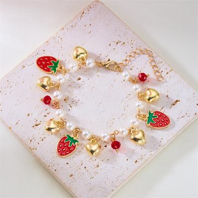 Romantic Sweet Red Strawberry Chain Bracelets for Women Imitation Pearl Heart Cherry Pendant Bracelets Friendship Jewelry Gift