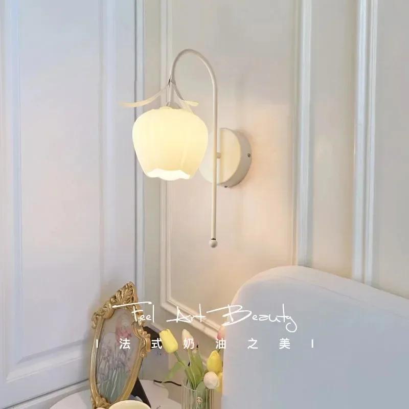 French Cream Flower Bedroom Bedside Wall Lamp Warm Rural Decorative Lights for Living Room Backround Aisle Stairway Sconces