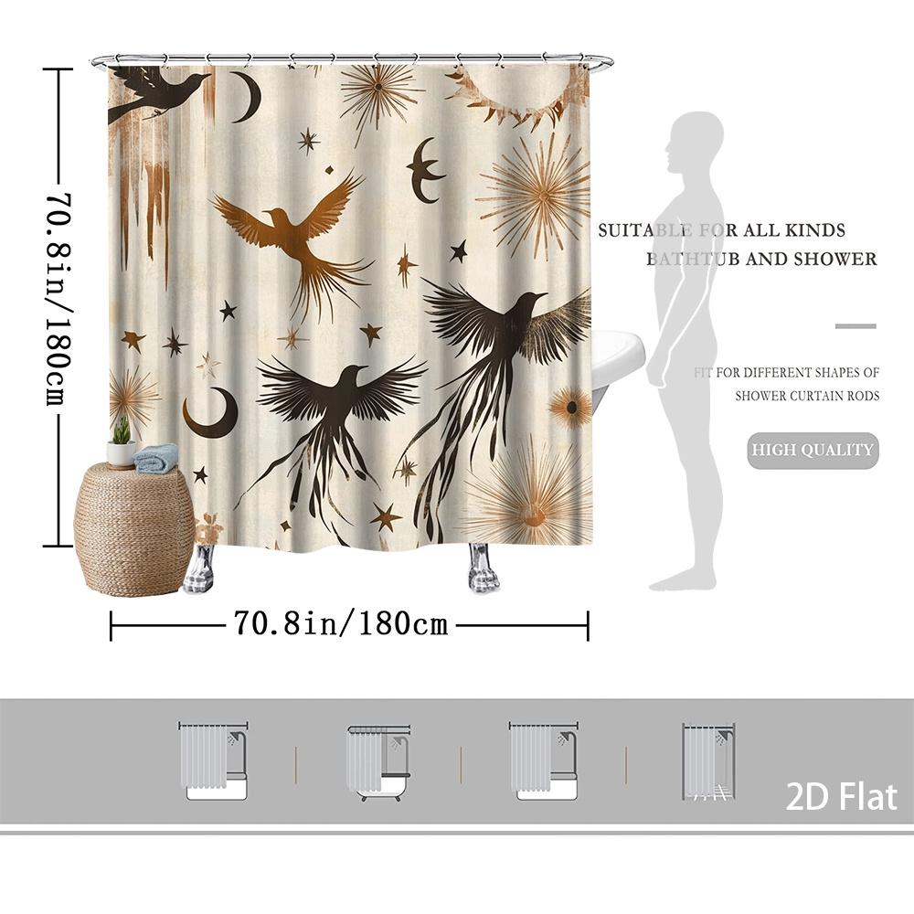 Birds & Stars Shower Curtain – Elegant Celestial Design, 2D Flat, Multiple Sizes, 59X70.8In To 90.5X70.8In, Includes Hooks