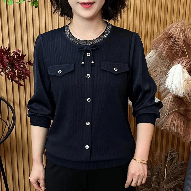 

2026 Spring Collection: Elegant Rhinestone-Embellished Round Neck Long Sleeve Top for Women - Age-Reducing and Stylish. 6XL (150-165 cm)