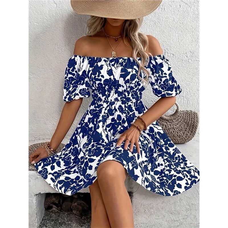 Женское летнее платье-трапеция с цветочным принтом и открытыми плечами, повседневное, для пляжа L синий