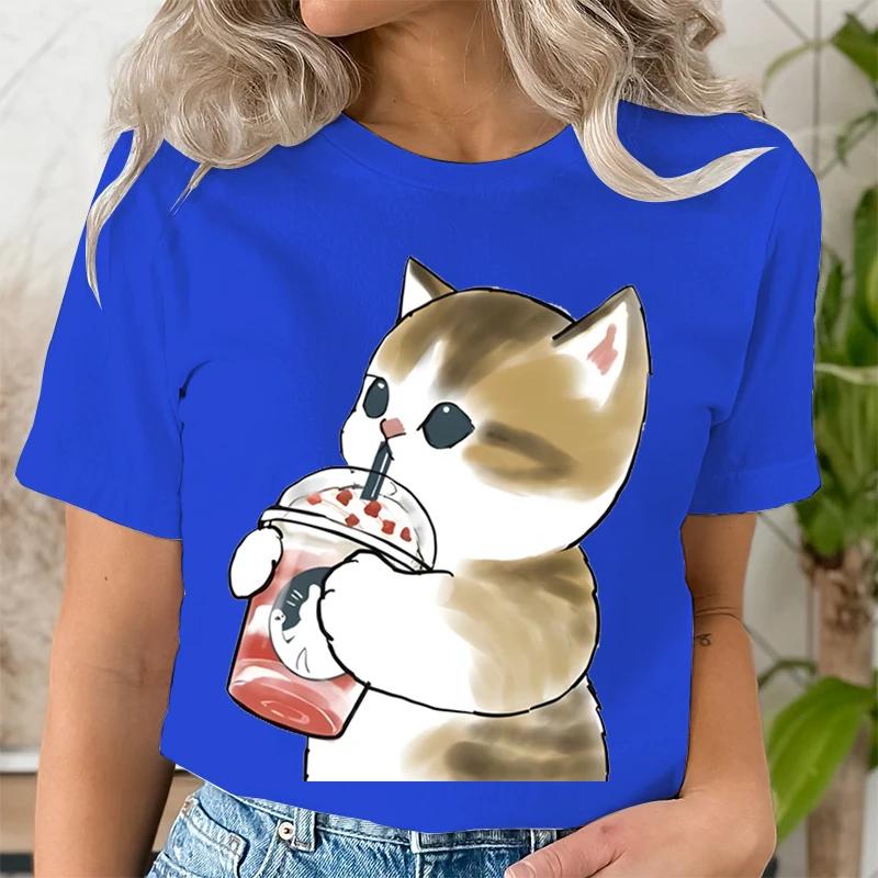 Women Boba Tea Cat Print Casual Clothes Tee Tshirt Fashion Female Tops Mujer Camisetas Ladies Anime Cartoon Graphic TShirt Tops