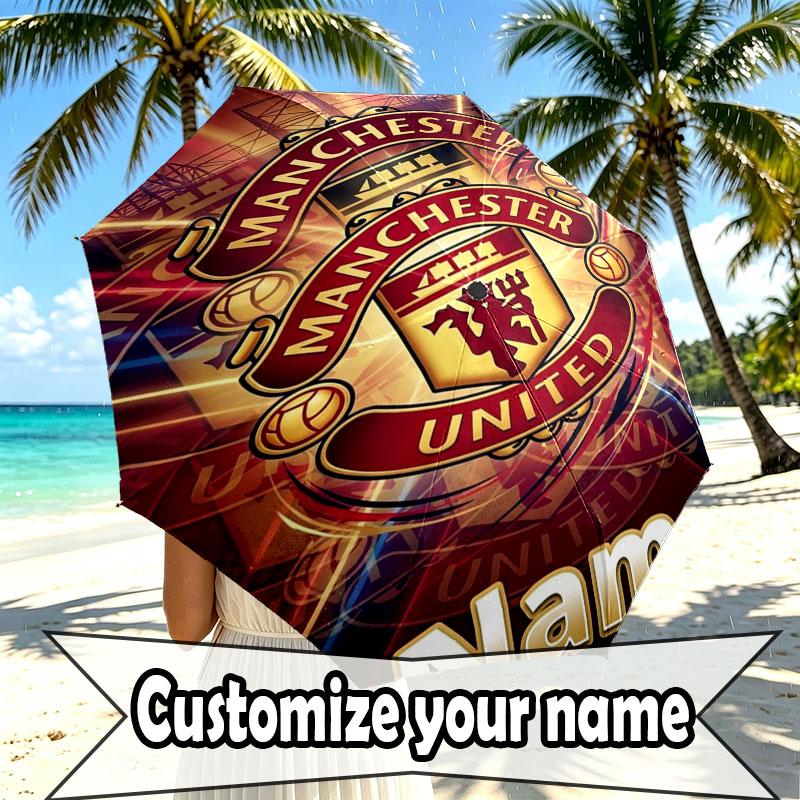 Custom Name Personalized Manchester United Print Umbrella, Auto Open Close, 8‑Rib Sturdy Frame, Commute Camping Hiking Use, Birthday Gift