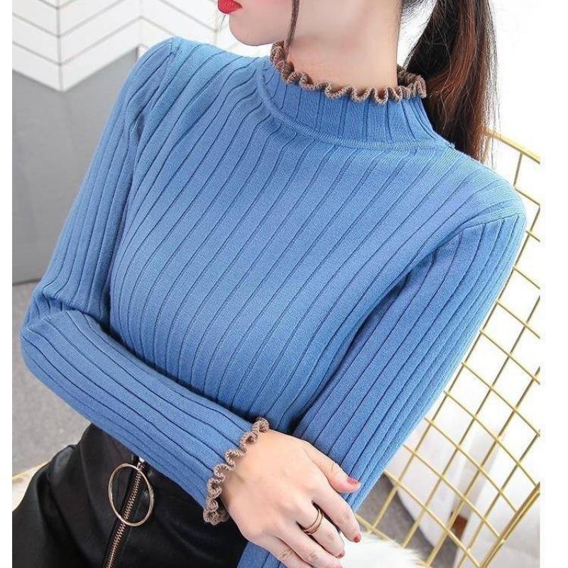 Höst och vinter ny enfärgad öronkant i trä halvhög hals inuti tröjan damtröja Smal tunn stickad bottentröja