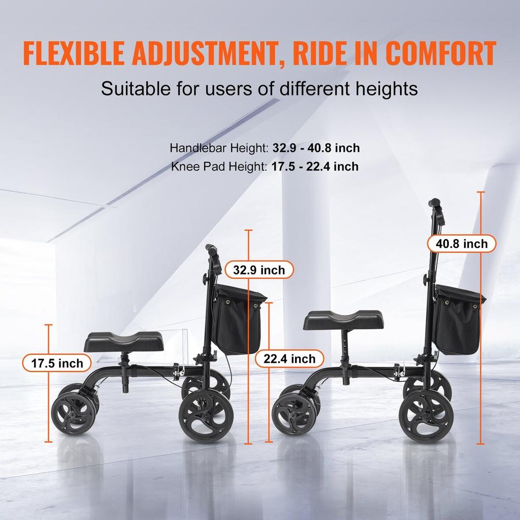 Folding Knee Scooter, Carbon Steel Steerable Knee Walker with Height-Adjustable Handlebar & Knee Pad, All-Terrain Solid Wheels, Dual Brakes, Leg