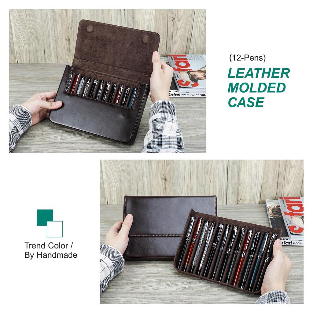 Husă pentru stilouri din piele naturală realizată manual, multicoloră, cu 12 sloturi, cutie pentru stilouri de lux