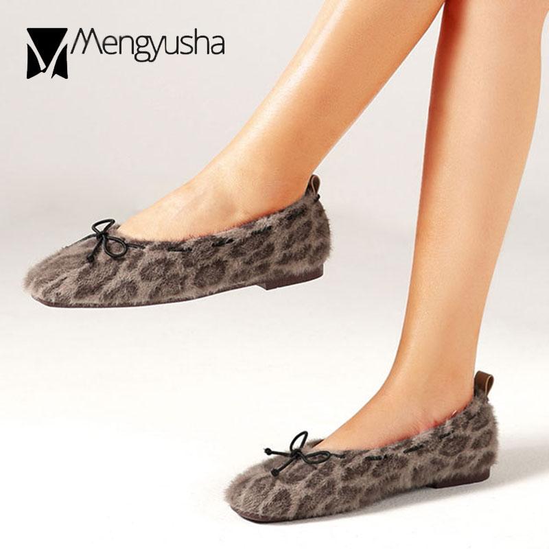Leopard Fur flats woman bow-knot square toe furry loafers ladies winter plush shoes slip on fleeces moccasins large size 35-42