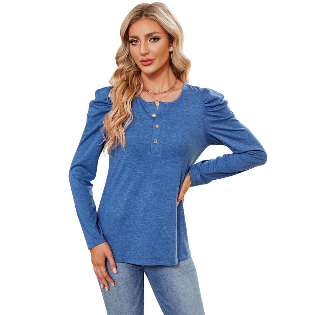GMXIA Women's Fashion Casual Autumn Winter Solid Color Print Long Sleeve Button O-Neck Loose Blouses & Shirts