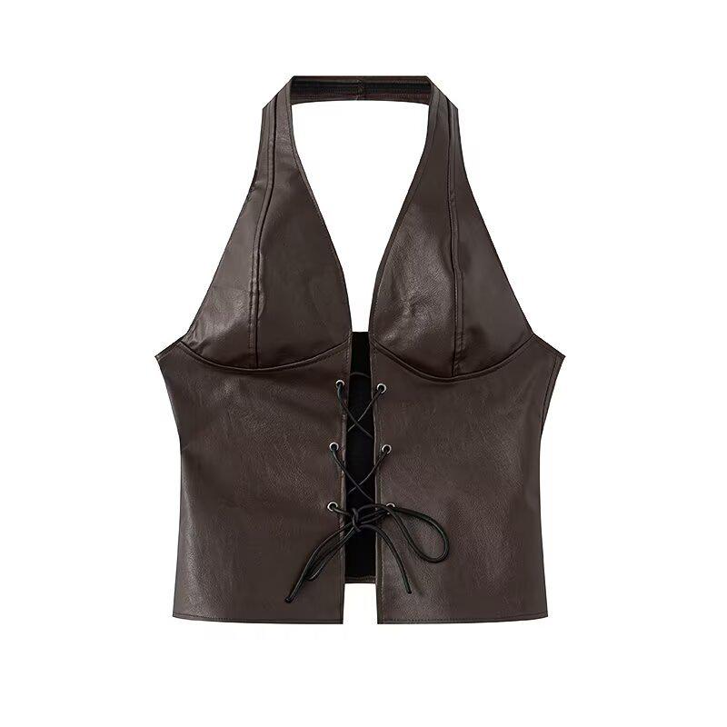 2025 Spring Women's Euro-American Style Halter Tie-Up Cutout PU Crop Vest