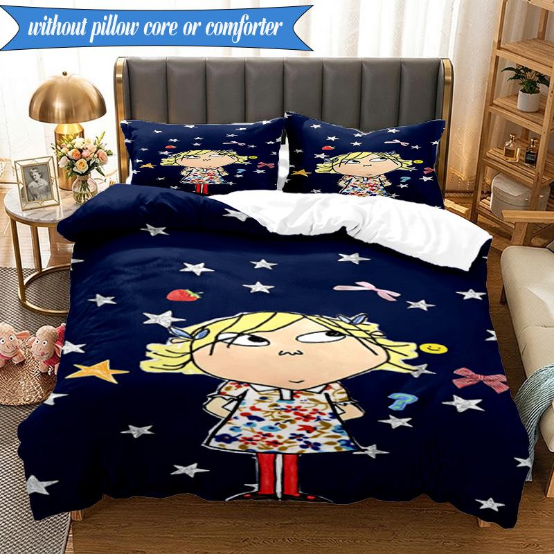 3-teiliges Char-lie und Lola Abenteuer Bettwäsche-Set, Enthält 1 Bettbezug und 2 Kissenbezüge. Perfekt für Schlafzimmer, Wohnheim, Weihnachtsgeschenk für Fans