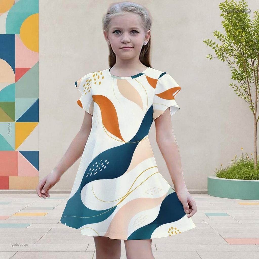 Girls Geometric Printed Round Neck Flutter Sleeve A Line Flared Dress
