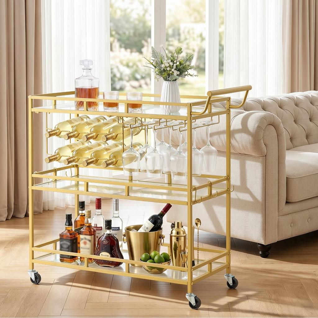 Carrello da Bar, 3 Livelli Carrelli da Cucina per Servire, Stazione di Servizio Moderna su Ruote, Carrello per Bevande con Ripiani in Vetro Temperato, Portabottiglie del Vino,
