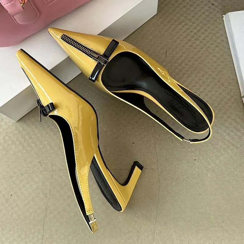 Sexy Pointed Toe Bow Thin Heeled Metal Zipper Women High Heels Fashion Brand Design Backless Wedding Bridal Elegant Women Shoes 35 жёлтый