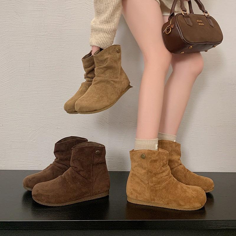 Frosted Leather Folded Martin Boots Women's Short Boots Autumn Round Head Flat Bottom Pile Boots Women's Boots Short Boots