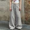 INCERUN Men Drawstring Elastic Waist Plaid Print Casual Long Wide Leg Pants Trousers