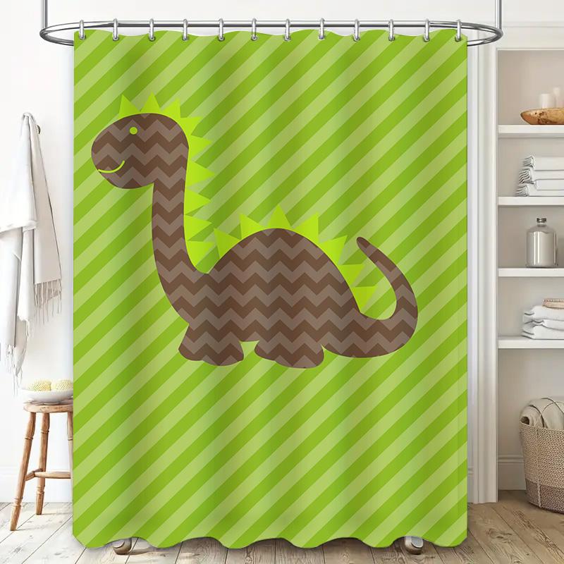 Kids Dinosaur Shower Curtain Green Brown Striped Pattern Waterproof Fabric Perfect for Bathroom Decor
