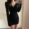 Autumn new niche design pleated waist hip skirt women's sexy V-neck slim-fitting long-sleeved dress