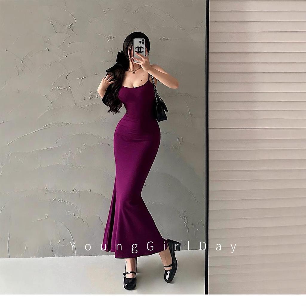 Damen Sexy Lila Spaghetti-Träger Bodycon Fishtail Kleid