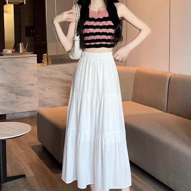 1PC High Waist Skirts Long Skirts A-line Skirts Polyester Chiffon White Elastic Women Vintage