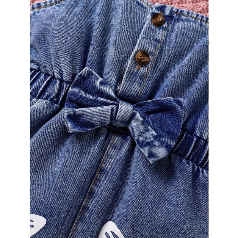 2pcs Set Of Elegant, Sweet, And Cute Little Girl'S Neat Color Pit Stripe T-shirt And Butterfly Print Ruffled Denim Jumpsuit Suitable