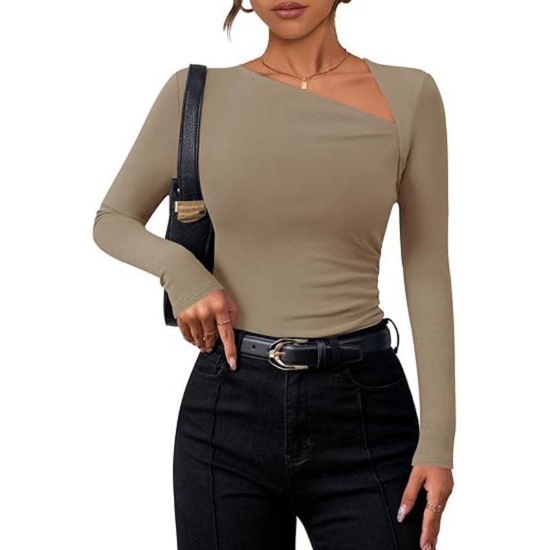Women Long Sleeve Oblique Collar Slim Fit Solid Inner Base Layer T Shirt