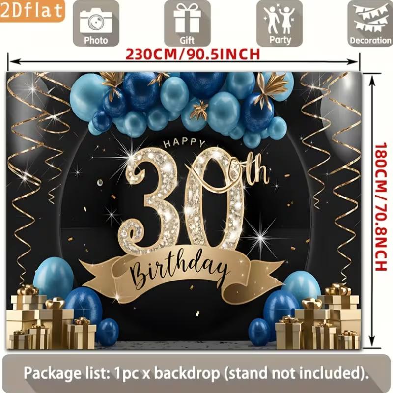 2D 30th Birthday Photography Backdrop Black Background with Gold Number and Blue Balloons