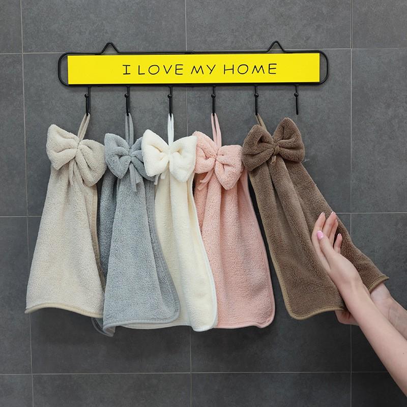 Coral Fleece Hand Towel With Bow Decor Hanging Kitchen Home Use Soft Absorbent