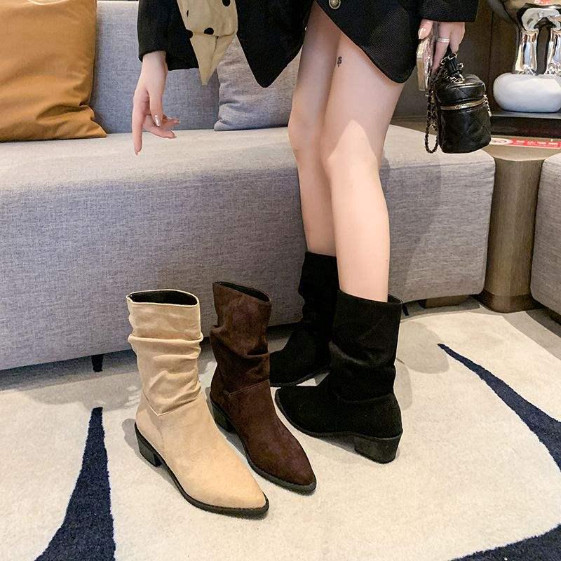 2025 Neue Khaki Wildleder Schlankmachende Französische Stiefeletten - Damen Spitzschuh High Heel Stiefel für Frühling & Herbst
