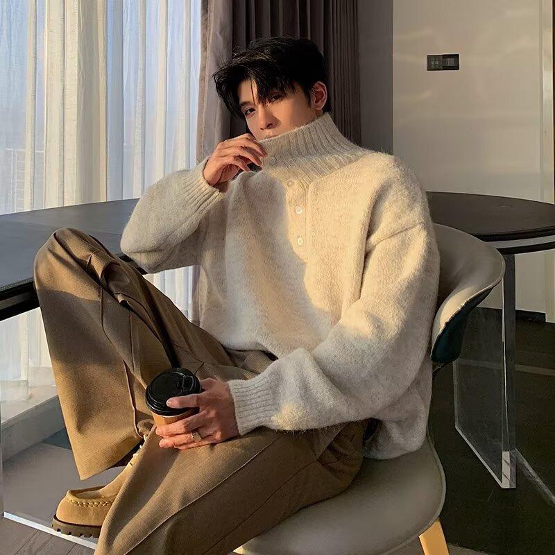 2025 Men's Korean Style High Neck Wool Sweater - Autumn/Winter Knitted Loose Fit