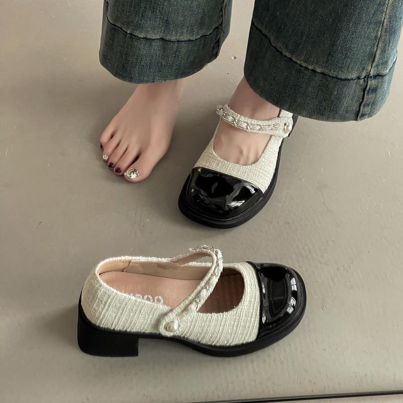Retro Temperament Pearl Single Shoes Round Head Mary Jane Small Leather Shoes Women's Summer New Color Matching