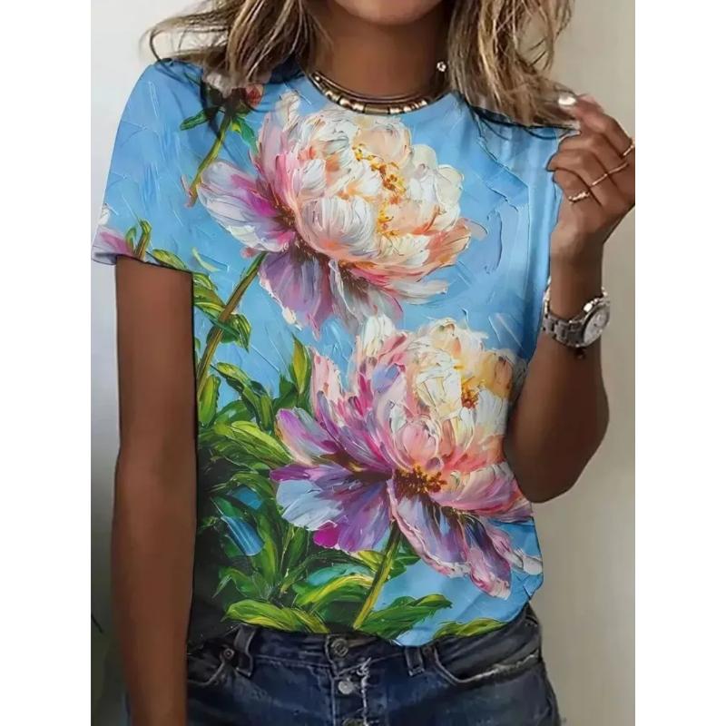 Fashion Women's Crew Neck Short Sleeve 3D Casual Color Printing Casual Short Sleeve Crew Neck T-Shirt