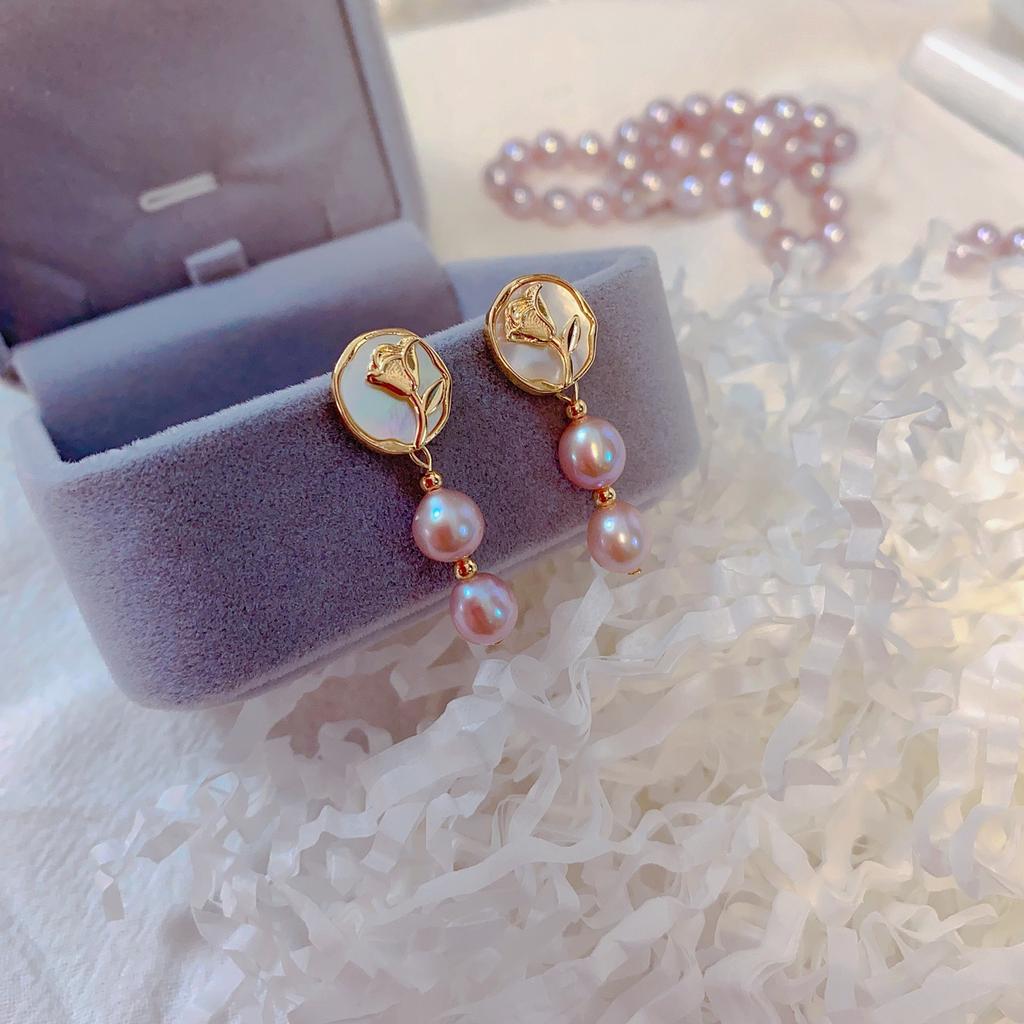 Delicate purple natural freshwater baroque pearl earrings, exuding a light luxury and vintage charm, featuring rose flower and mother-of-pearl