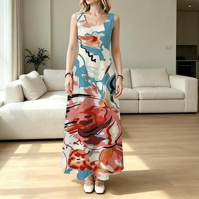 U-Neck Minimalist Abstract Art Sleeveless Maxi Dress,Vibrant Lightweight Flowy Stylish Elegant for Beach Vacation