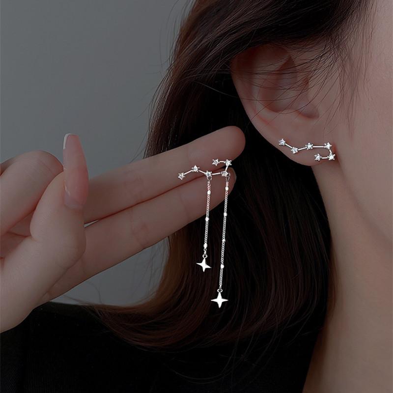 JWER Romantic French Silver Color Asymmetric Star Long Tassel Korean Fashion Zircon Drop Earring For Girl Women Birthday Gifts