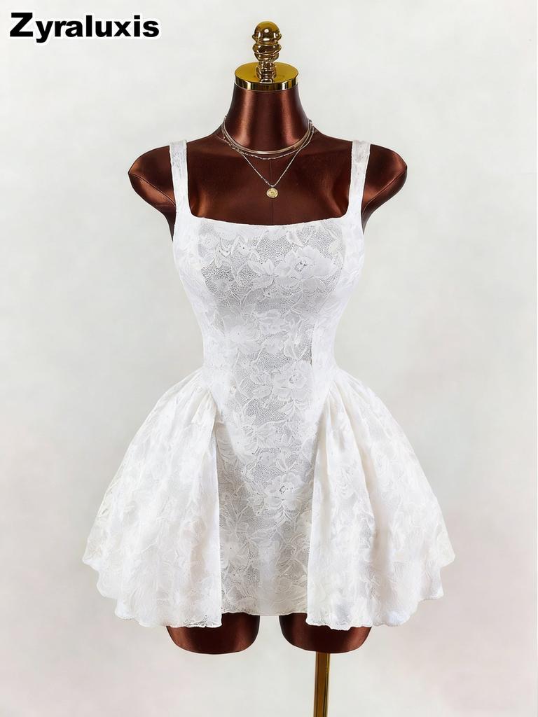New Women's White Lace Dress, Square Neck Wide Belt Empire Waist Ruffled Short Skirt