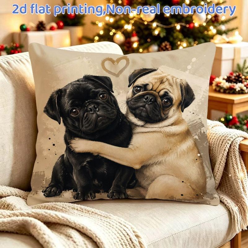 1pc Couple Pug Sketch Style Pillowcase, 2D Single-Sided Print Without Pillow Core, 45X45Cm/18X18 Inches with Hidden Zipper Closure, Cute And Warm Arti