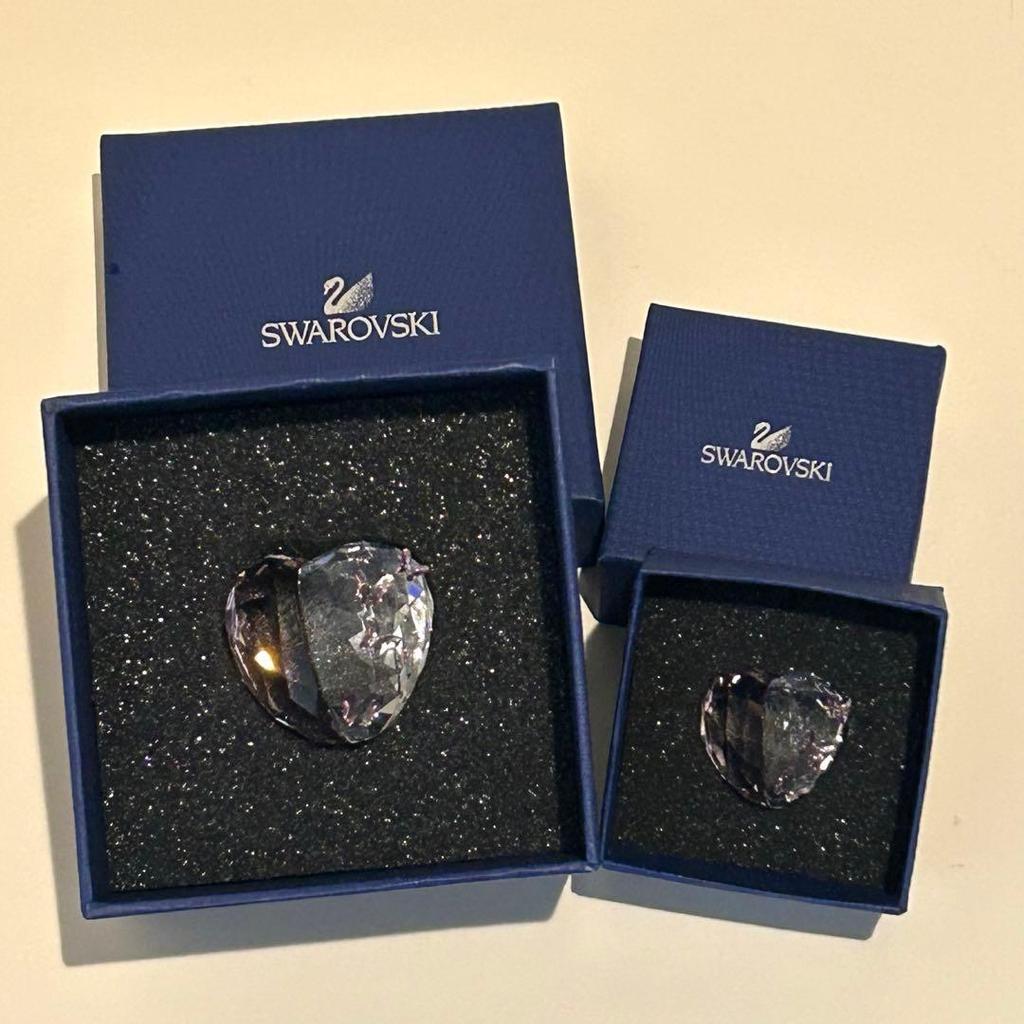 Used Swarovski Crystal Heart Butterfly Large and Small Figurine Set of 2