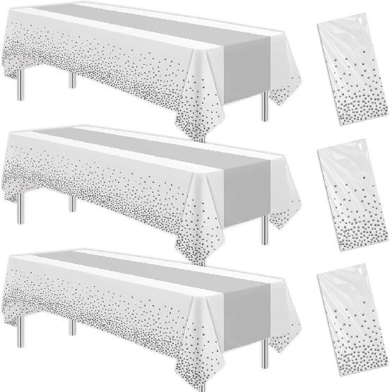 White and Silver Party Decorations Tablecloth, 3 Pack Disposable White Table Cover Printed Silver Table Runner for Birthday Baby Bridal Shower
