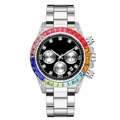 Fashion Mens Sports Watches Stainless Steel Day Date Watch Men Luxury Colored Diamonds Calendar Quartz Wristwatch Hip Hop Clock