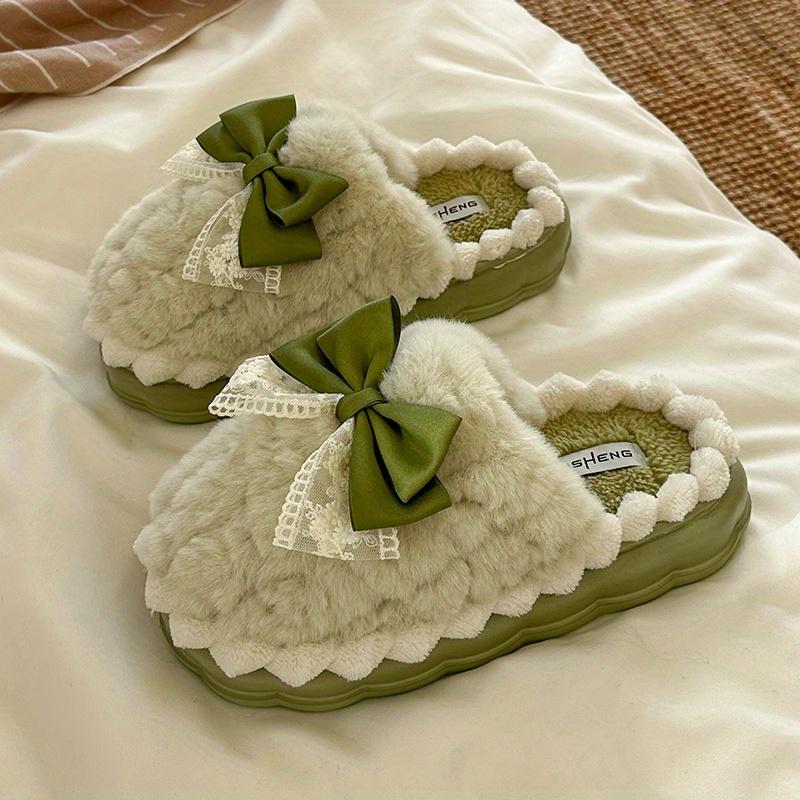 Women's Plush Slip-On Moccasin House Shoes, Cozy Thick Plush Lining with Bow Accent & Soft Fabric Upper, Non-Slip Indoor/Outdoor Winter Slippers