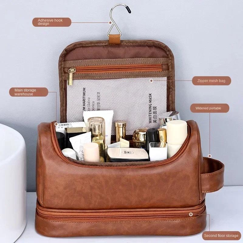 New Hanging Makeup Storage bag Large Capacity PU Leather Wash Bag Double layered Men cosmetic bag travel essentials organizer