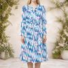 Women Plus Size Two Piece Dress Set Round Neck Long Sleeve Blue White Printed Cropped Cardigan Sleeveless Dress