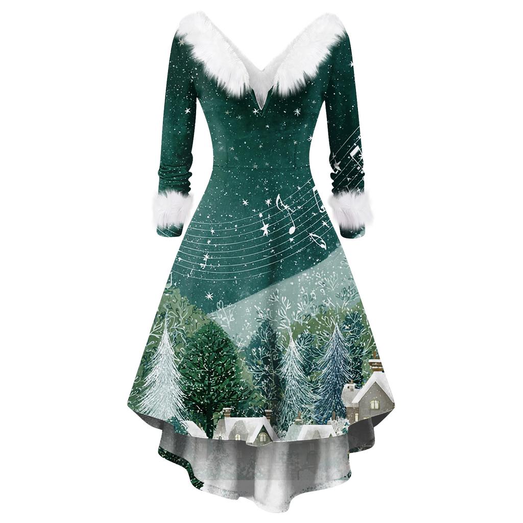 Damen Modisches Lässiges Figurbetontes Weihnachtsdruck Party Langarmkleid